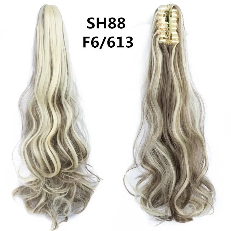 Synthetic Long Wavy Ponytail Ash Blonde Color Drawstring Ponytail Clip-on Hair Extensions For Women Black Blond Daily Use