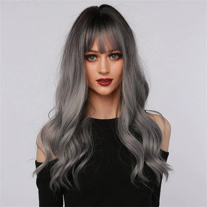 Long Wavy Silver Ash Ombre Cosplay Synthetic Wigs Natural Curly Gray Black Hair Wig with Bangs for Women Afro Heat Resistant