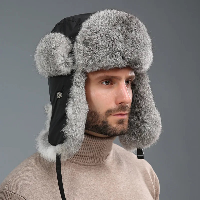 2024 New Winter Hat For Men Real Rabbit Fur Ear Cap Warm Winter Men Hat Fur Beret Russian Hats High Quality to Keep Warm
