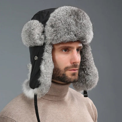 2024 New Winter Hat For Men Real Rabbit Fur Ear Cap Warm Winter Men Hat Fur Beret Russian Hats High Quality to Keep Warm