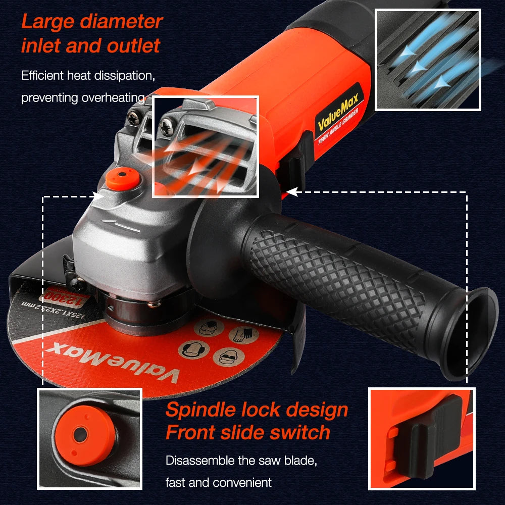 ValueMax 760W Corded Angle Grinder Grinding/Cutting Machine Powerful Tool 220-240V With 3PC 125mm Cutting Discs