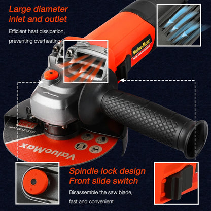 ValueMax 760W Corded Angle Grinder Grinding/Cutting Machine Powerful Tool 220-240V With 3PC 125mm Cutting Discs