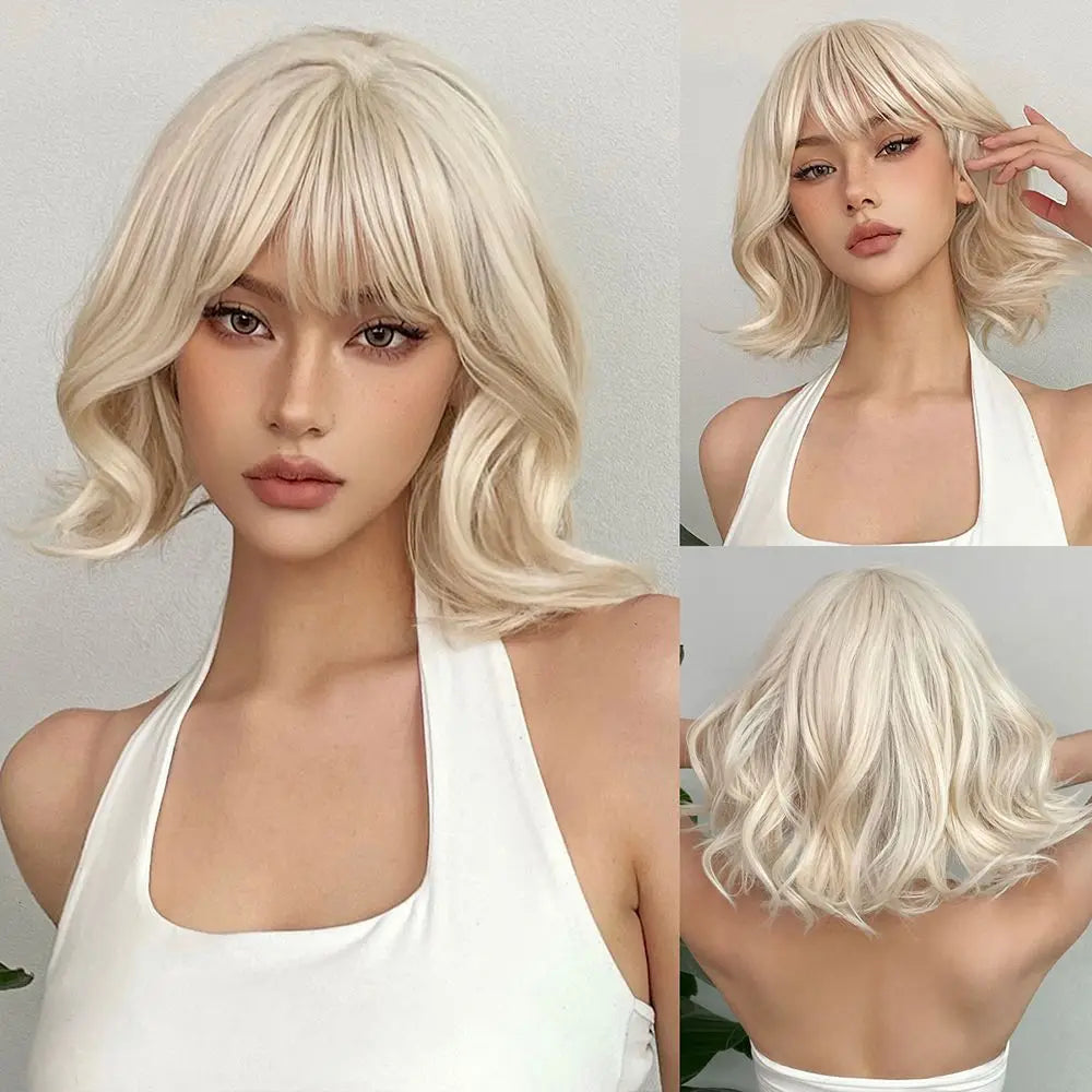 Blonde Short Curly Bob Synthetic Wigs with Bangs Platium Golden Lolita Cosplay Wigs for Women Daily Party Cosplay Heat Resistant