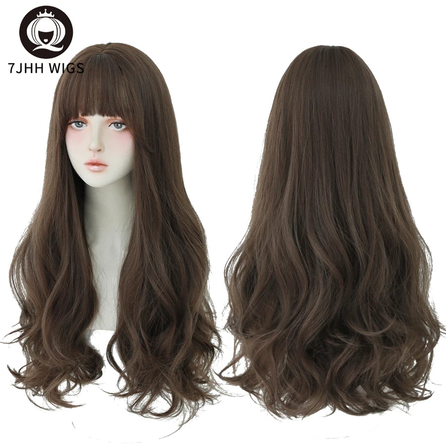 7JHH WIGS Popular Brown Ash Long Deep Wave Hair Lolita Wigs With Bangs Synthetic Wig For Women Fashion Thick Curls Wigs Girl