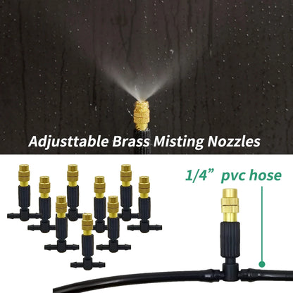 15M-30M Outdoor Misting Cooling System Garden Irrigation Watering 1/4'' Brass Atomizer Nozzles 4/7mm Hose for Patio Greenhouse