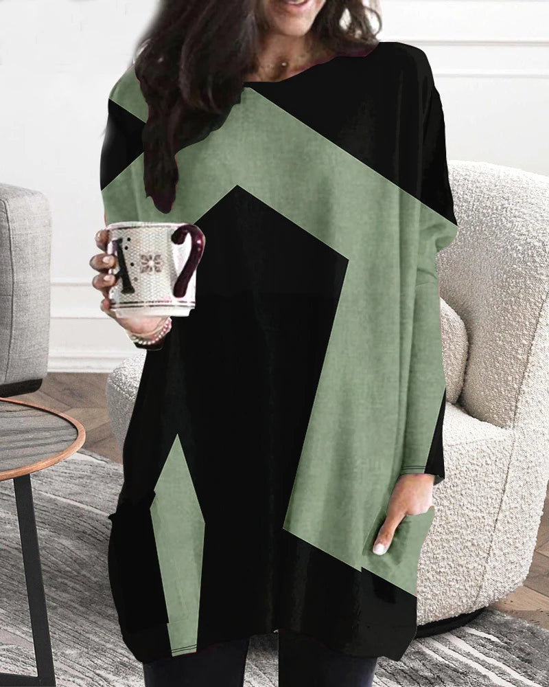 European and American Plus Size Women's Casual Fashion V Neck Long Sleeved Patchwork Dress