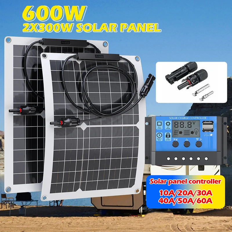 600W Solar Panel Kit Complete 18V USB With 100A Controller Solar Cells for Car Yacht RV Boat Camp MobliePhone Battery Charger