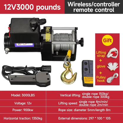 4000lbs Electric Recovery Winch Kit ATV Trailer Truck Car DC 12V Remote Control Hoist Winch Block Mud Rescue Beach Hauling Tool