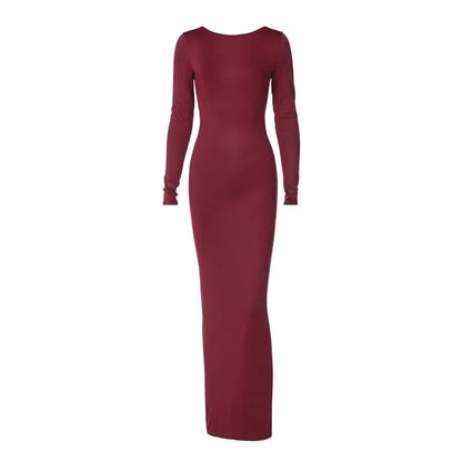 2025 New Spring Elegant Long Sleeve Backless Solid Cuched Sexy Bodycon Maxi Prom Dress Women Outfit Evening Party Festival Y2K