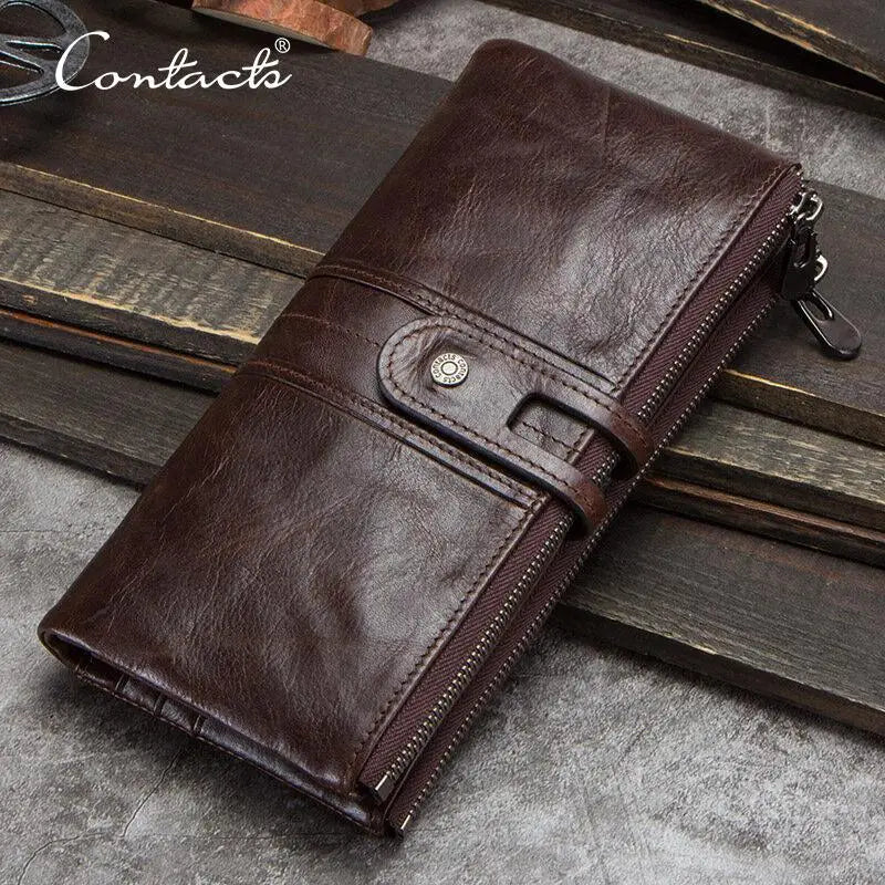 CONTACT'S Men Clutch Wallet Genuine Leather Long Wallet Hasp Card Holder Vintage Male Zipper Coin Purse Money Bag Portemonnee