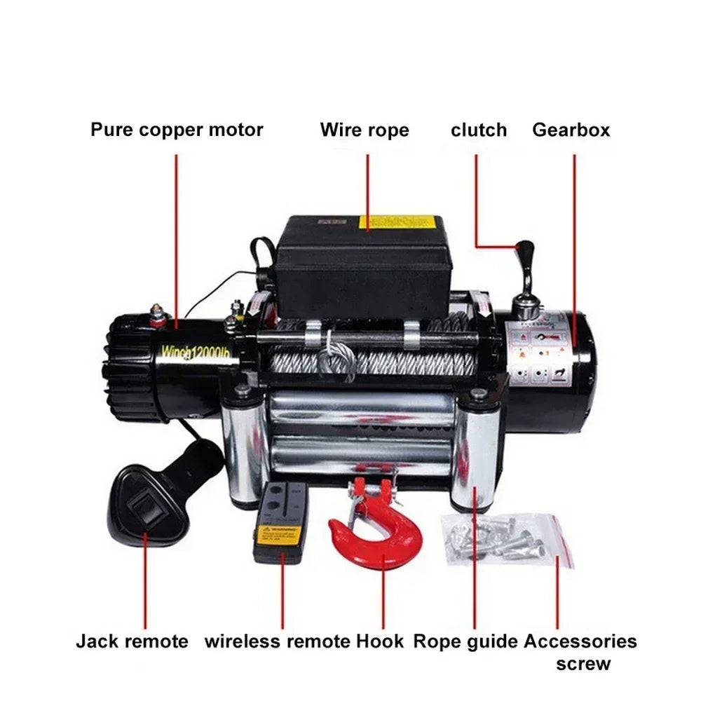 4000lbs Electric Recovery Winch Kit ATV Trailer Truck Car DC 12V Remote Control Hoist Winch Block Mud Rescue Beach Hauling Tool