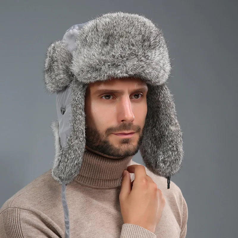 2024 New Winter Hat For Men Real Rabbit Fur Ear Cap Warm Winter Men Hat Fur Beret Russian Hats High Quality to Keep Warm