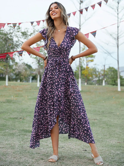 New Style Elegant Long Dress Women's Short-sleeved V-neck Bohemian Strappy Holiday Dress
