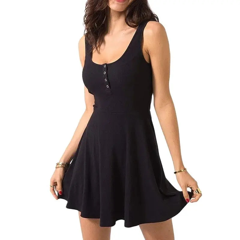 Women's Sexy Black Solid Summer Dress with Strap Tight Tank Top Dress High Waist Slim Fit Solid Color Flare Casual Dress