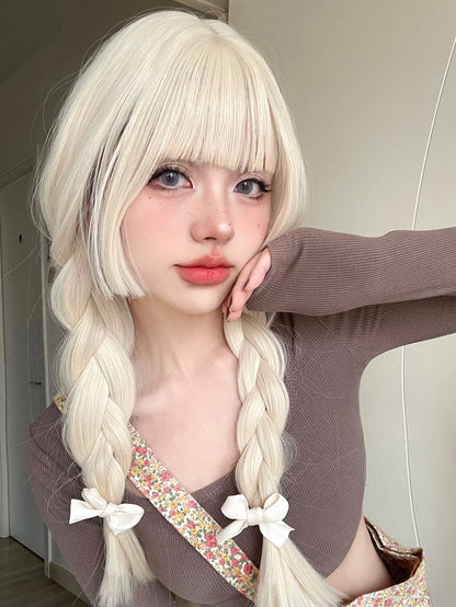 26Inch Blonde Platinum Golden Synthetic Wigs With Bang Long Natural Straight Hair Wig for Women Hime Cut Cosplay Heat Resistant