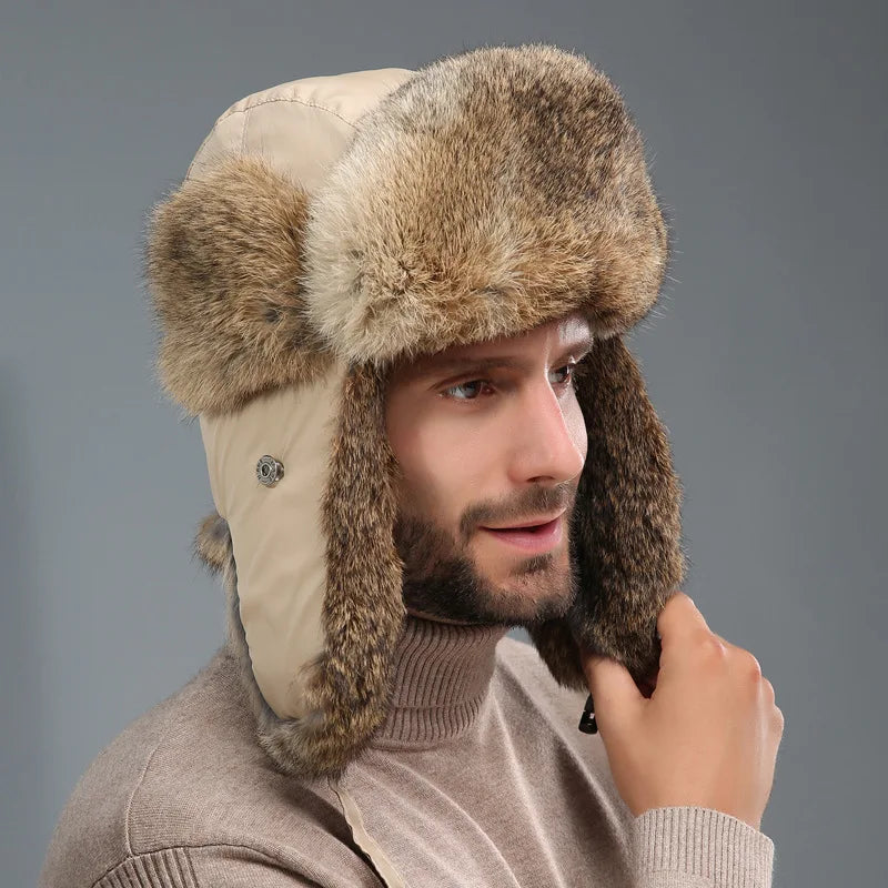 2024 New Winter Hat For Men Real Rabbit Fur Ear Cap Warm Winter Men Hat Fur Beret Russian Hats High Quality to Keep Warm