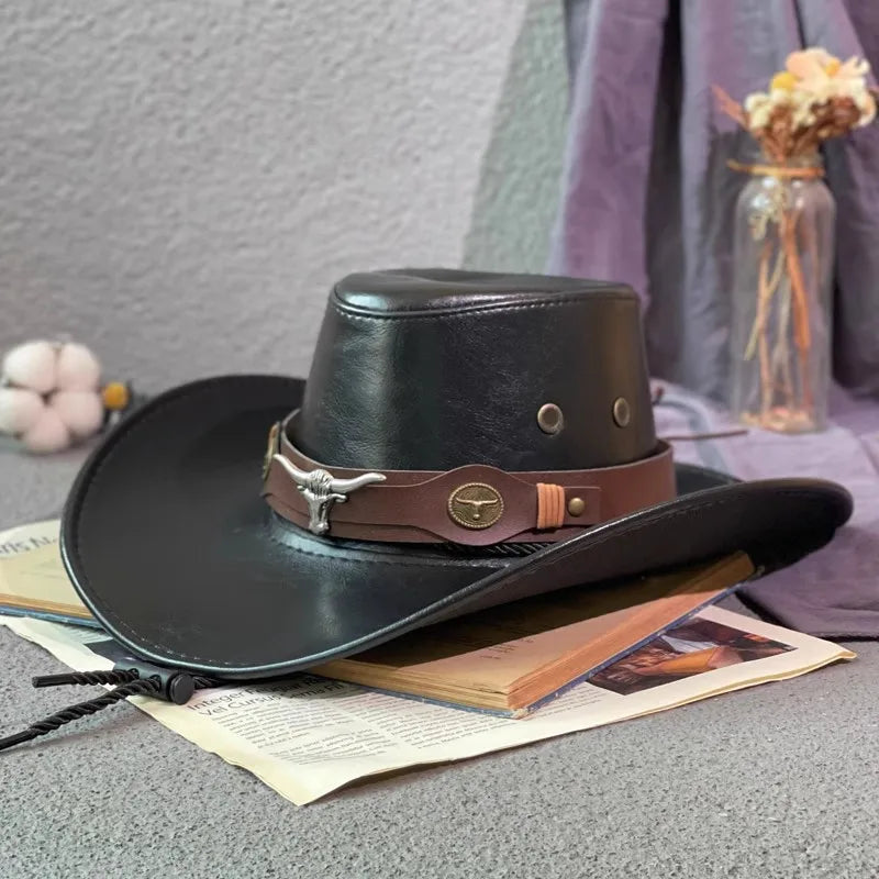 Faux Leather Western Cowboy Hats For Women Men Vintage Gentleman Dress Hats Panama Cowgirl Jazz Cap Sombrero Hombre