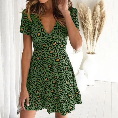 Summer New Women's Fashion Casual Dresses Leopard Print Deep V-Neck Lotus Leaf Edge Dress