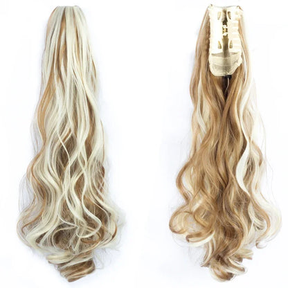 Synthetic Long Wavy Ponytail Ash Blonde Color Drawstring Ponytail Clip-on Hair Extensions For Women Black Blond Daily Use