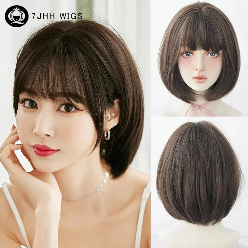 7JHH WIGS Short Straight Chocolate Bob Wig for Women Daily High Density Synthetic Layered Brown Hair Wigs with Neat Bangs