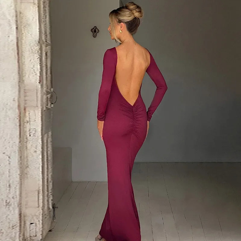 2025 New Spring Elegant Long Sleeve Backless Solid Cuched Sexy Bodycon Maxi Prom Dress Women Outfit Evening Party Festival Y2K