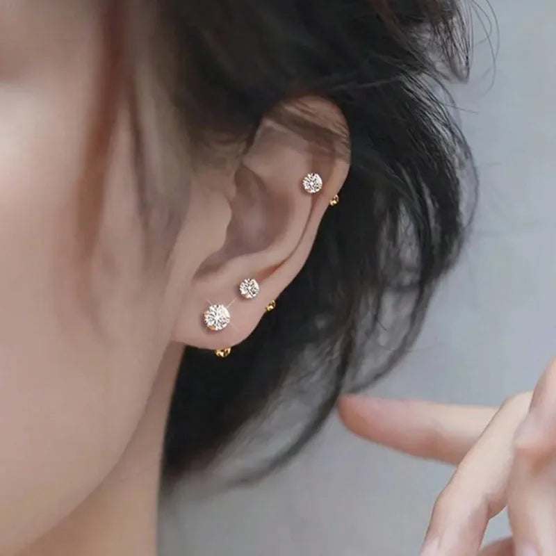 3Pairs Classic Round Zirconia Stud Earrings For Women, Stainless Steel Women's Cartilage, Tragus, Lobe, Daith Piercing Jewelry