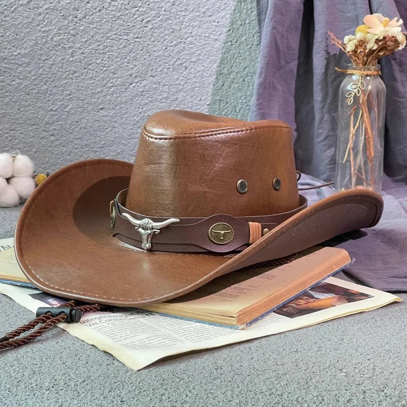 Faux Leather Western Cowboy Hats For Women Men Vintage Gentleman Dress Hats Panama Cowgirl Jazz Cap Sombrero Hombre