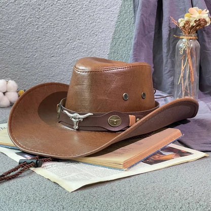 Faux Leather Western Cowboy Hats For Women Men Vintage Gentleman Dress Hats Panama Cowgirl Jazz Cap Sombrero Hombre