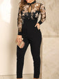 For Women's Spring Autumn New Long Sleeve Lace Printed Jumpsuit Pants Fashion Slim Waist Elegant Female Lace Jumpsuit Long Pants
