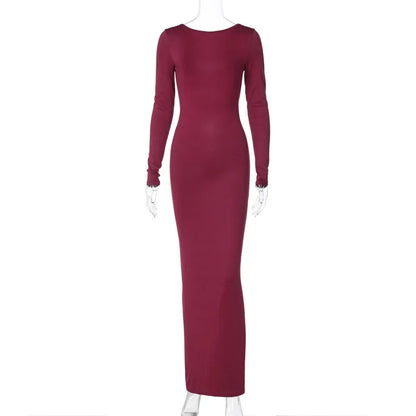 2025 New Spring Elegant Long Sleeve Backless Solid Cuched Sexy Bodycon Maxi Prom Dress Women Outfit Evening Party Festival Y2K
