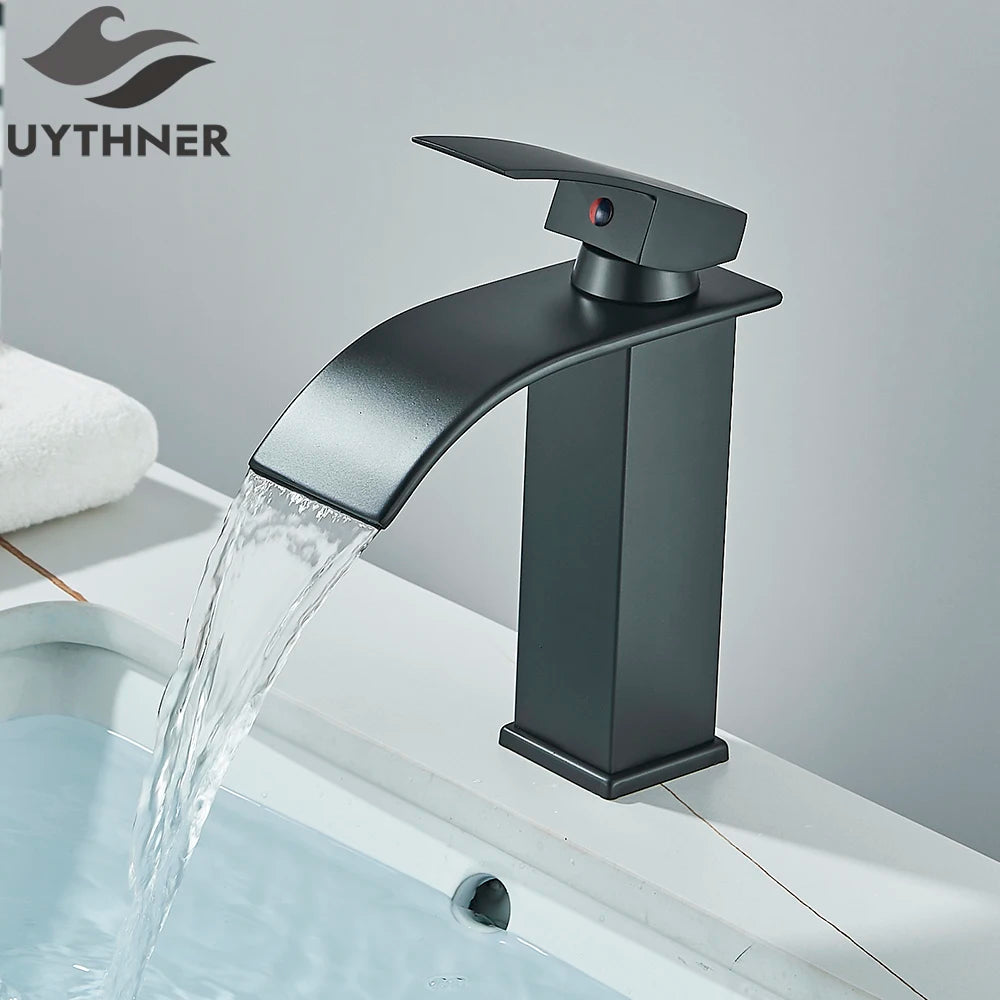 Brushed Golden Basin Faucets Elegant Waterfall Bathroom Sink Faucet Single Lever Hole Deck Mount Brass  Mixer Taps