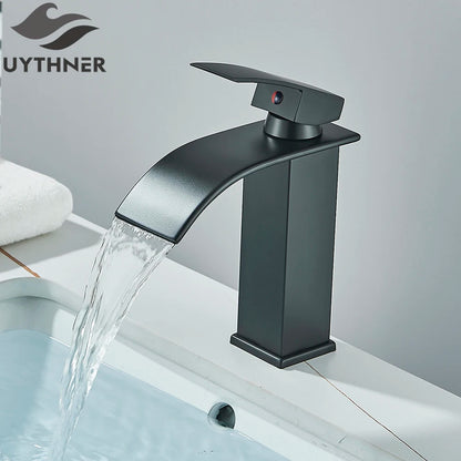 Brushed Golden Basin Faucets Elegant Waterfall Bathroom Sink Faucet Single Lever Hole Deck Mount Brass  Mixer Taps