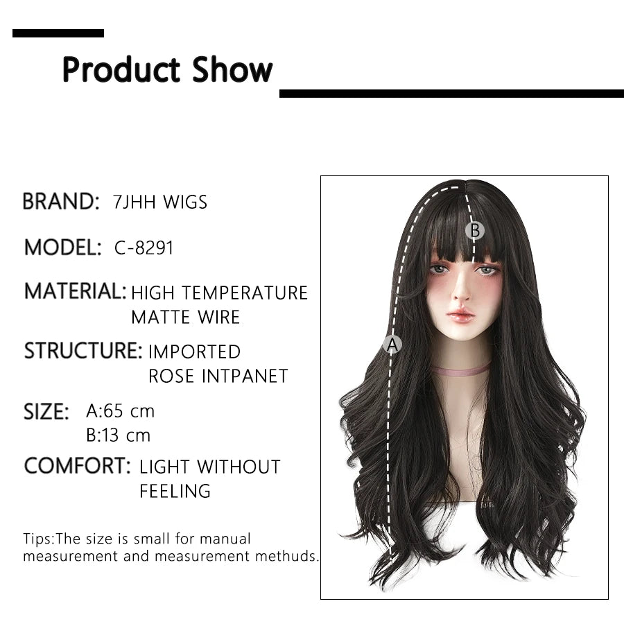 7JHH WIGS Popular Brown Ash Long Deep Wave Hair Lolita Wigs With Bangs Synthetic Wig For Women Fashion Thick Curls Wigs Girl