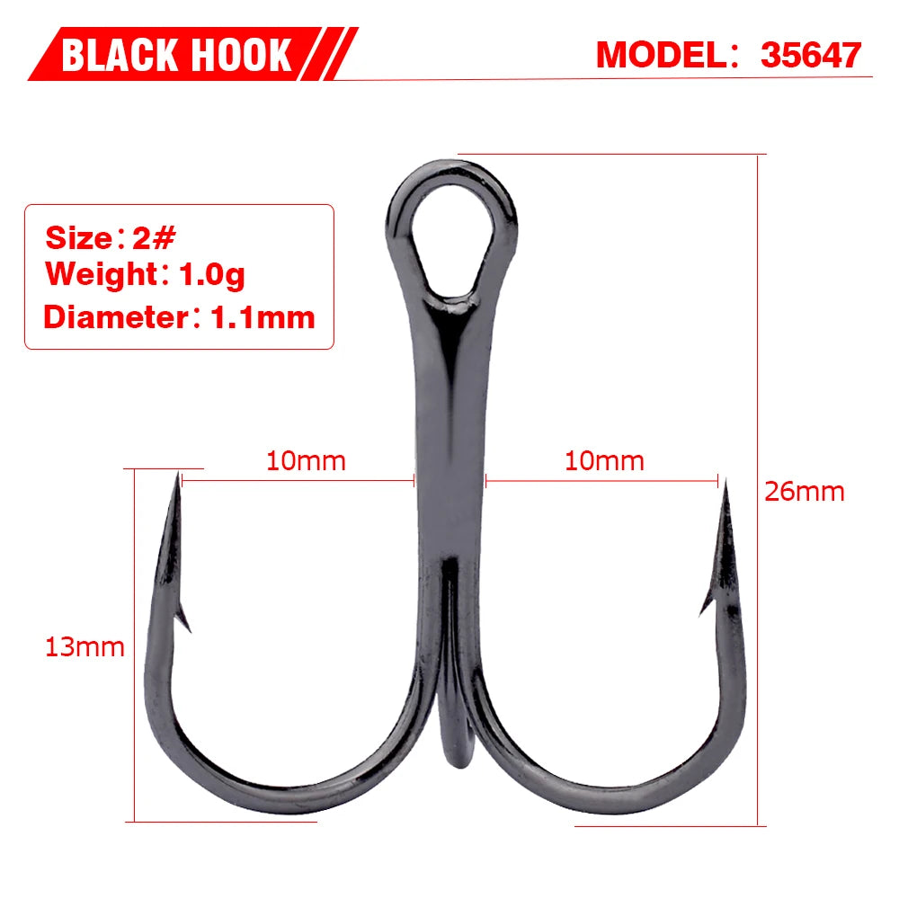 PROBEROS 20 PCS/Lot Black High Carbon Treble Hooks Super Sharp Solid Size 2#-14# Triple Barbed Steel Fish Hook Wholesale