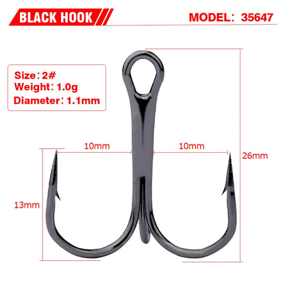 PROBEROS 20 PCS/Lot Black High Carbon Treble Hooks Super Sharp Solid Size 2#-14# Triple Barbed Steel Fish Hook Wholesale