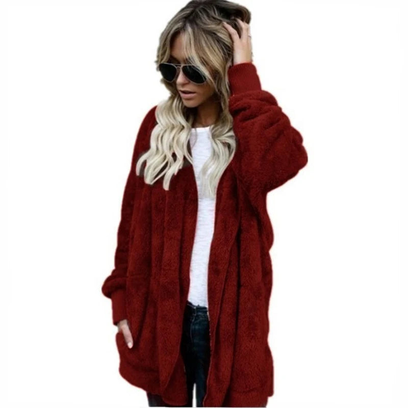 Autumn Winter Double Fleece Cardigan Jacket Women Solid Color Long Sleeve Plush Warm Hooded Lady Jacket Oversized Outerwear Coat