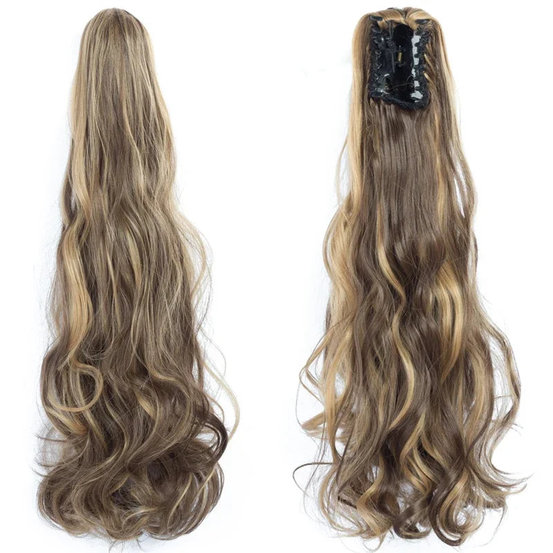 Synthetic Long Wavy Ponytail Ash Blonde Color Drawstring Ponytail Clip-on Hair Extensions For Women Black Blond Daily Use