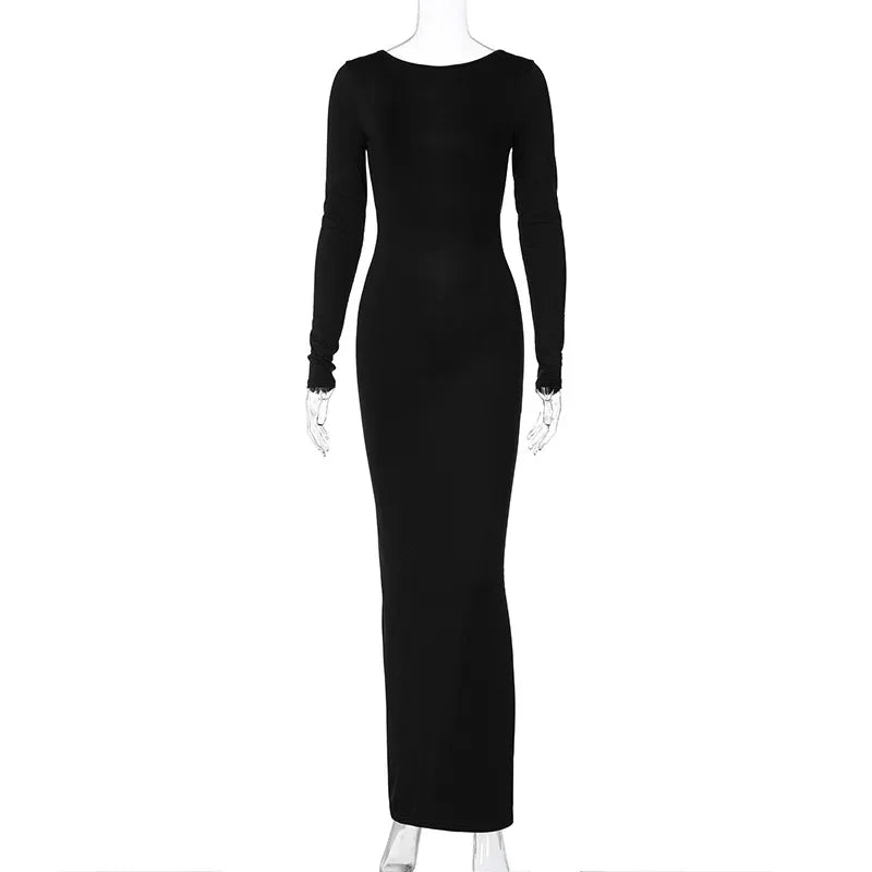 2025 New Spring Elegant Long Sleeve Backless Solid Cuched Sexy Bodycon Maxi Prom Dress Women Outfit Evening Party Festival Y2K