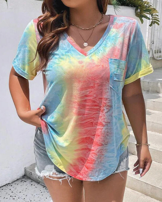 New Plus Size European and American Women's Casual V-neck Printed Pocket T-shirt