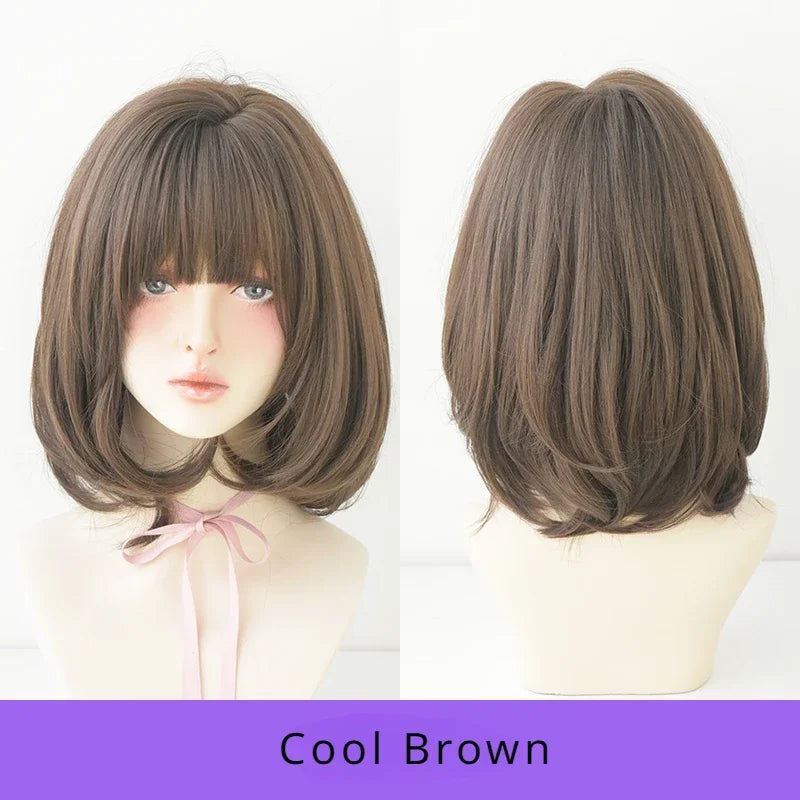 7JHH WIGS Short Straight Chocolate Bob Wig for Women Daily High Density Synthetic Layered Brown Hair Wigs with Neat Bangs