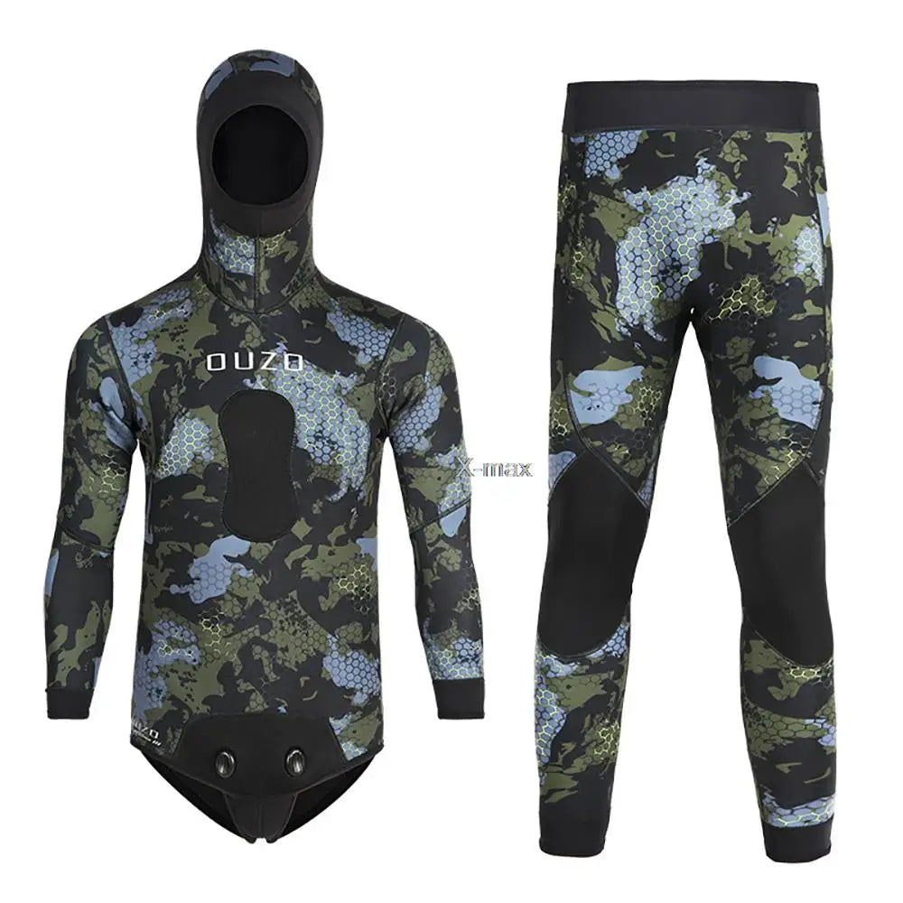 2 Pieces Neoprene Wetsuit 5mm Camouflage Long Sleeve Fission Hooded Submersible Men Keep Warm Scuba Diving Suit