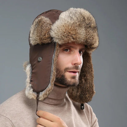 2024 New Winter Hat For Men Real Rabbit Fur Ear Cap Warm Winter Men Hat Fur Beret Russian Hats High Quality to Keep Warm