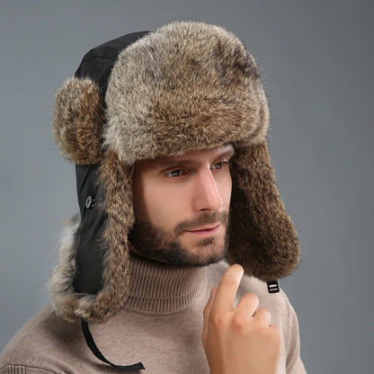 2024 New Winter Hat For Men Real Rabbit Fur Ear Cap Warm Winter Men Hat Fur Beret Russian Hats High Quality to Keep Warm