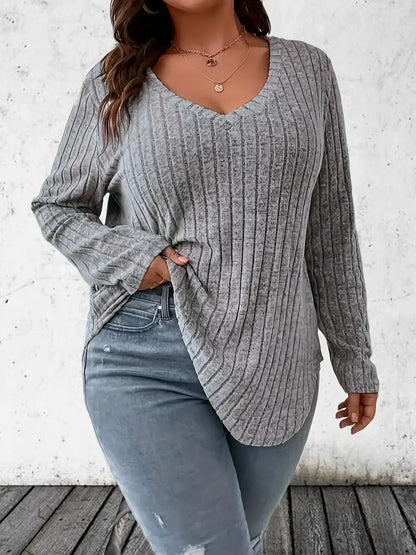 Women's Casual Plus Size 1XL-5XL  Fashion V Neck Long Sleeve T-Shirt  Solid Ribbed T-Shirt LadiesWomen's Plus Size Clothing