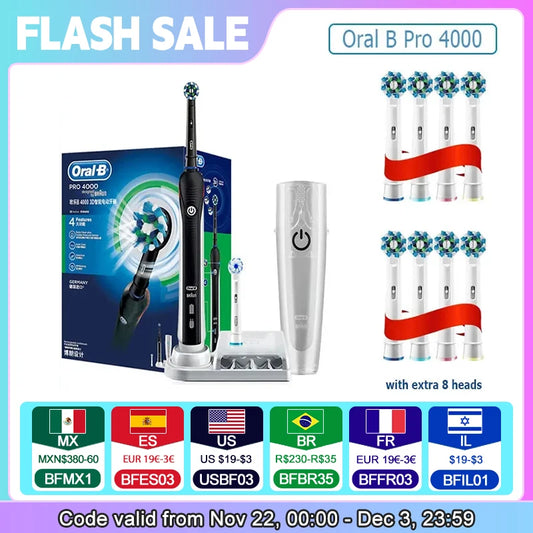 Oral B Electric Toothbrush Pro 4000 3D Action Daily Clean Teeth Visible Pressure Sensor 4 Modes Gum Cares Waterproof Rechargeabl