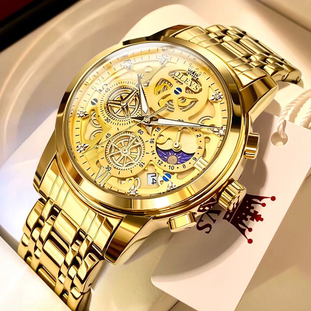 OLEVS Men's Watches Top Brand Luxury Original Waterproof Quartz Watch for Man Gold Skeleton Style 24 Hour Day Night New