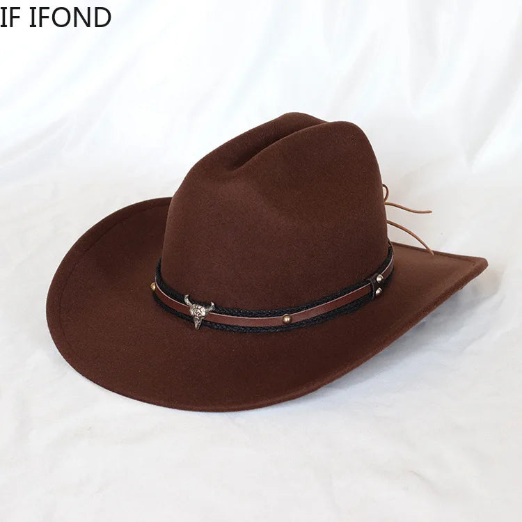 New Vintage Western Cowboy Hat For Men's Gentleman Lady Jazz Cowgirl With Leather Wide Brim Cloche Church Sombrero Hombre Caps