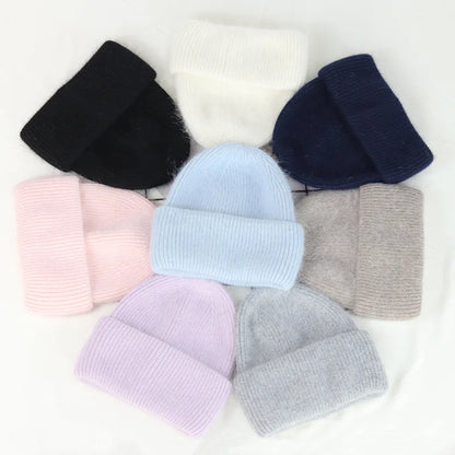 Fashion Warm Cashmere Wool Skullies Angola Rabbit Fur Winter Knitted Beanies Women Cap Female Three Fold Ski Outdoor Hats