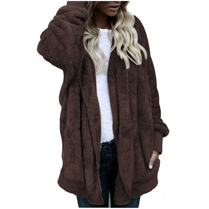 Plus Size Women Winter Warm Coat Jacket Outwear Ladies Cardigan Coat Double Sided Velvet Hooded Coat New Fashion Simple 2023