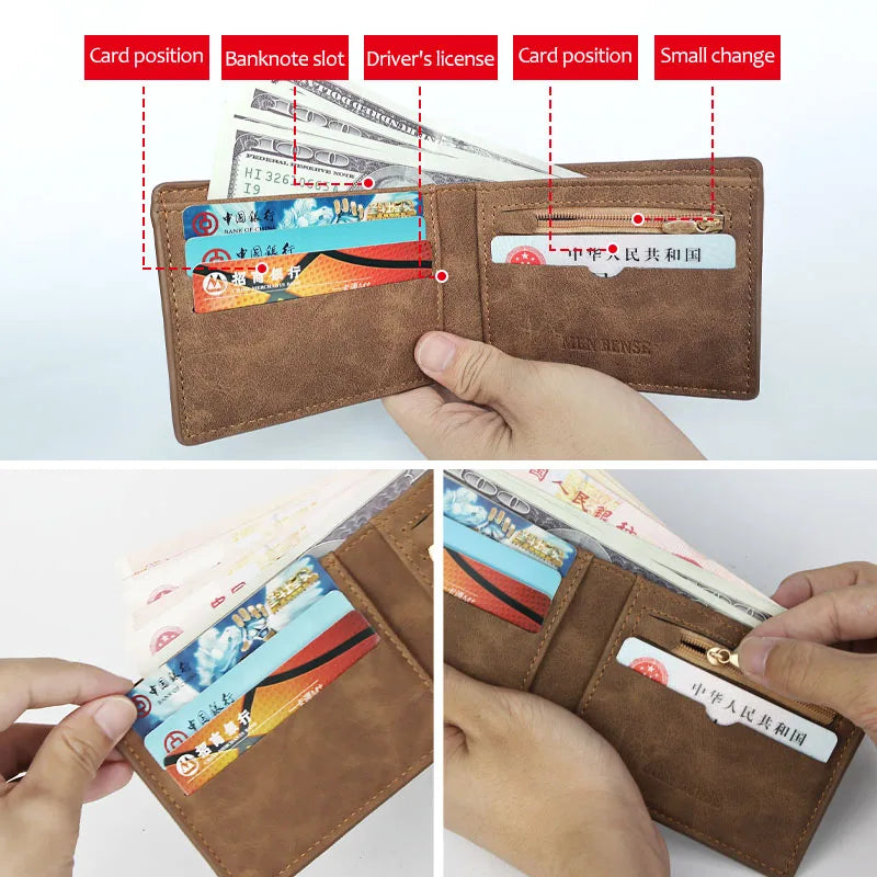 New Retro Men Leather Wallets Small Money Purses Design Dollar Price Top Men Thin Wallet With Coin Bag Zipper